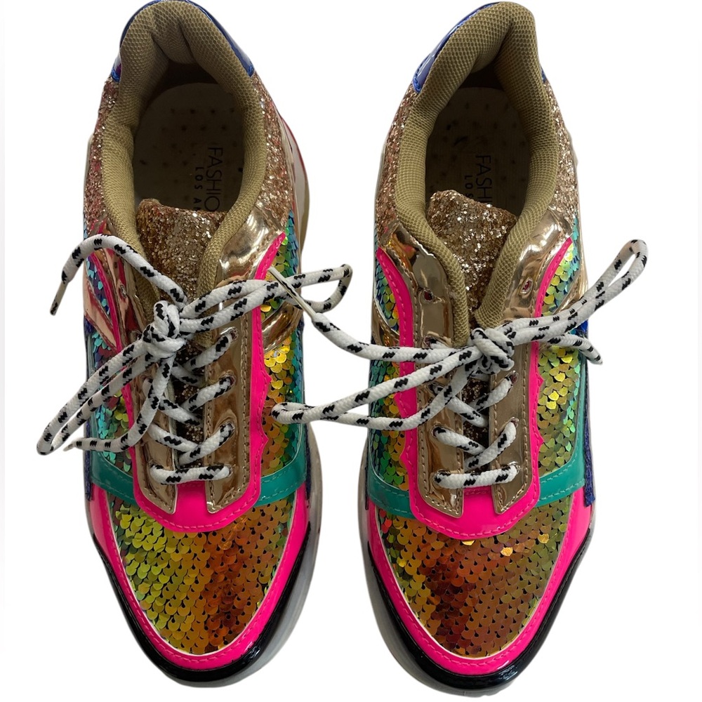 Pink,Gold Multi colored,Chunky Sneakers,shoes,sequins throughout, Size 7, New - Picture 3 of 10